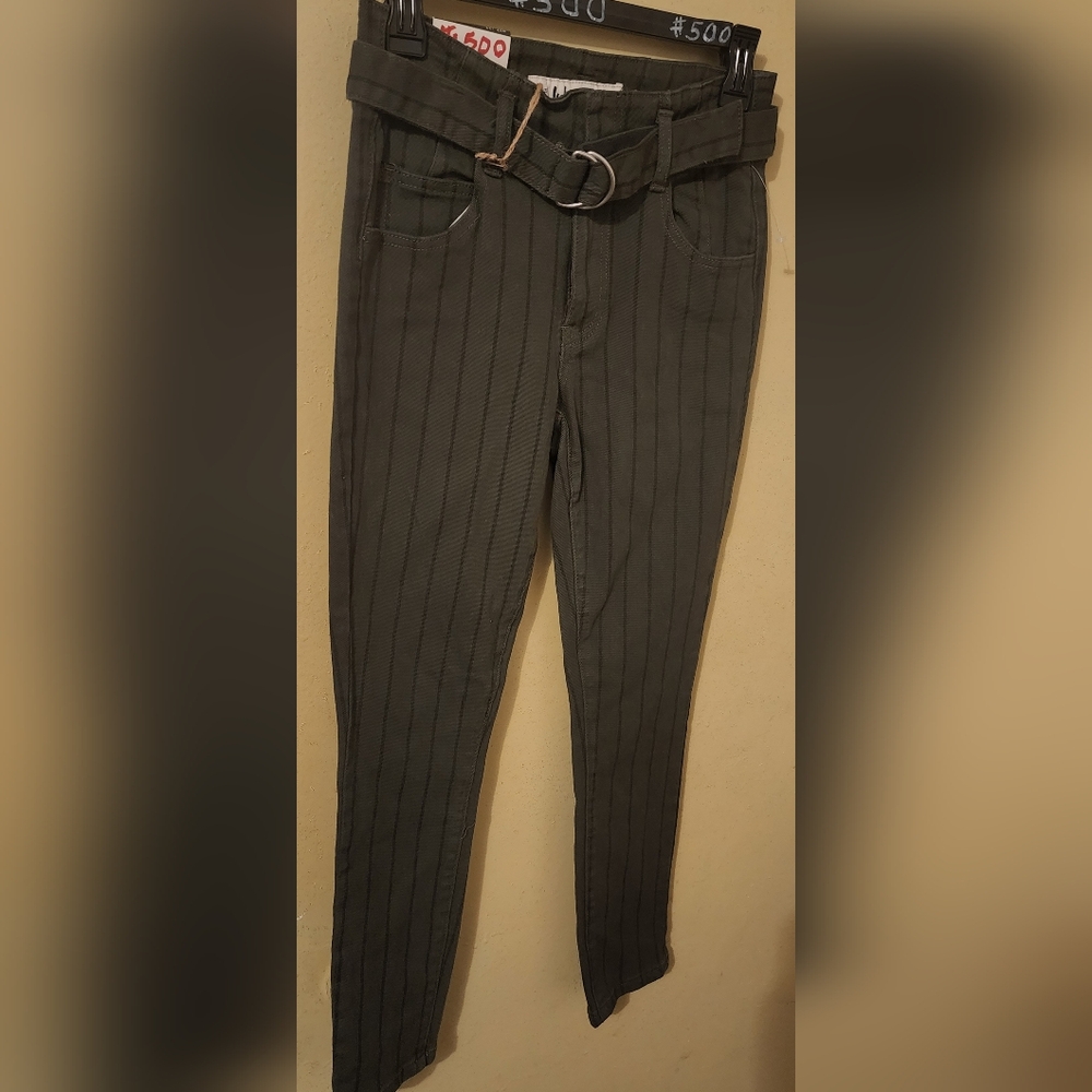 Olive Green Skinny High Waist Jeans With Stripes